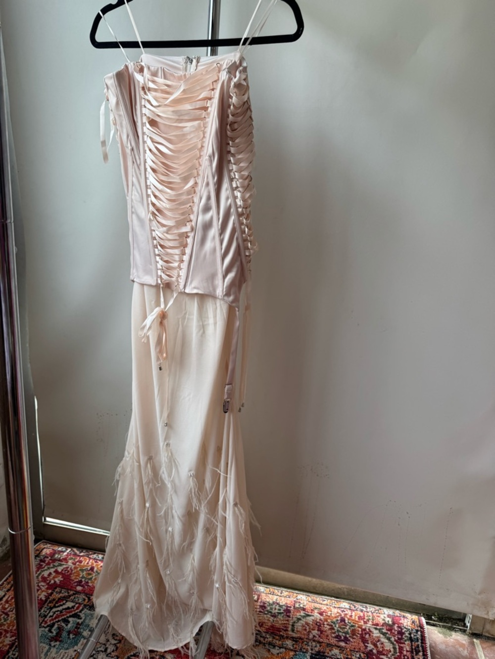 AKIRA Blush Pink Lace-Up Corset & Sheer Embroidered Skirt Set FEATHER BALLERINA - Picture 3 of 5